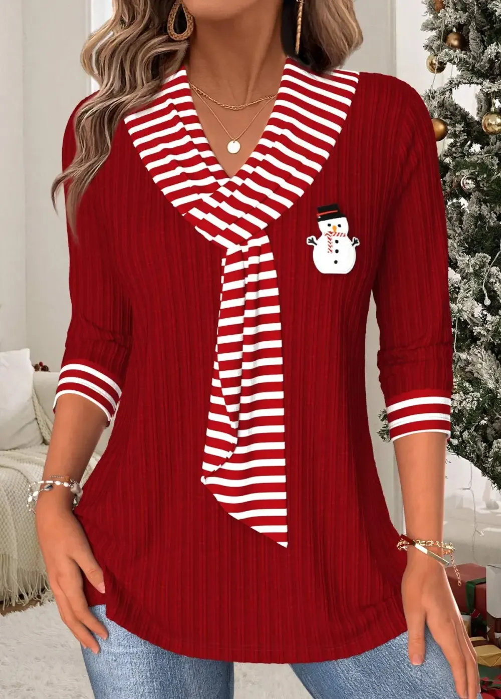 Christmas Wine Red Tummy Coverage Striped T Shirt