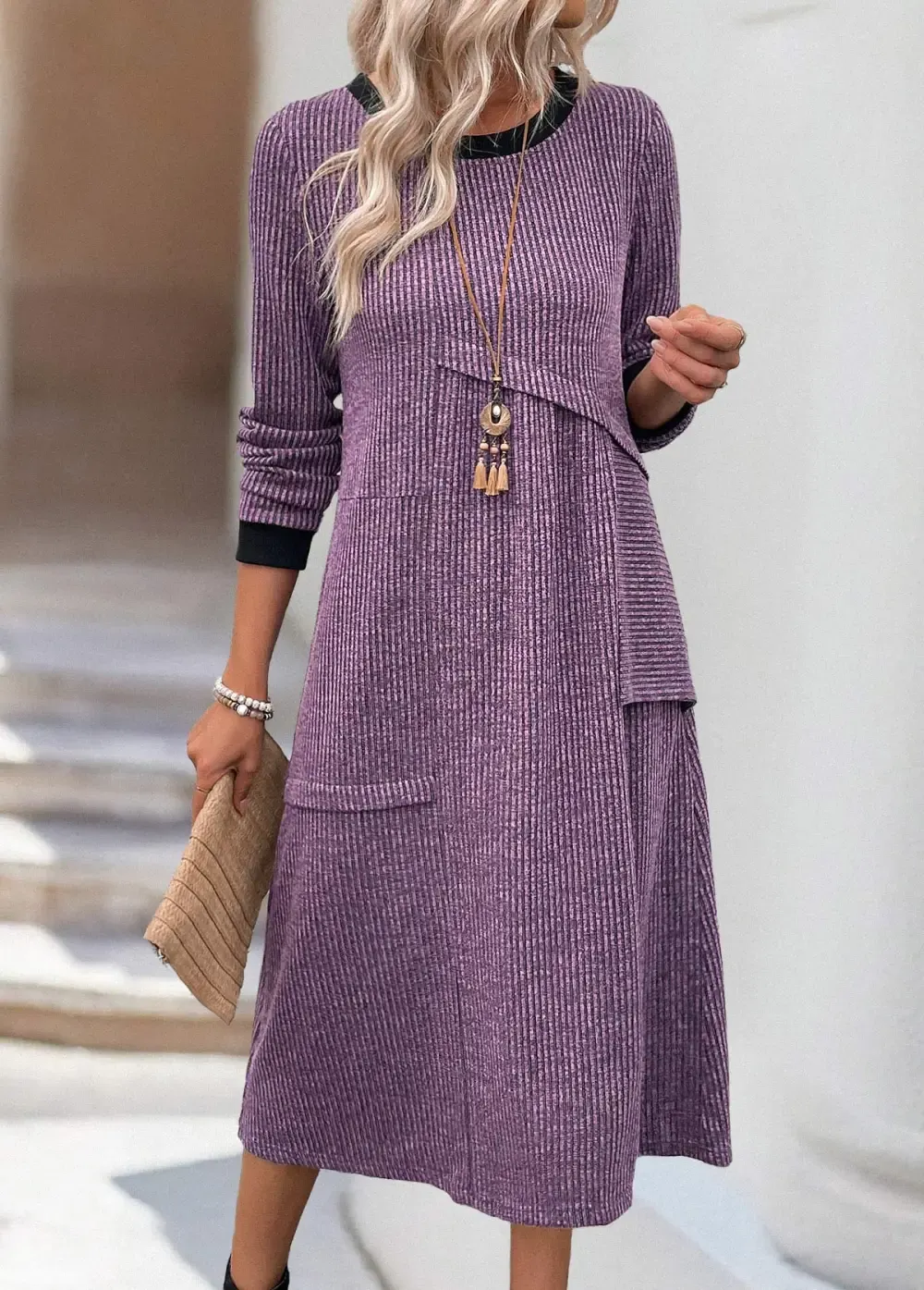 Dusty Purple Patchwork A Line Long Sleeve Dress