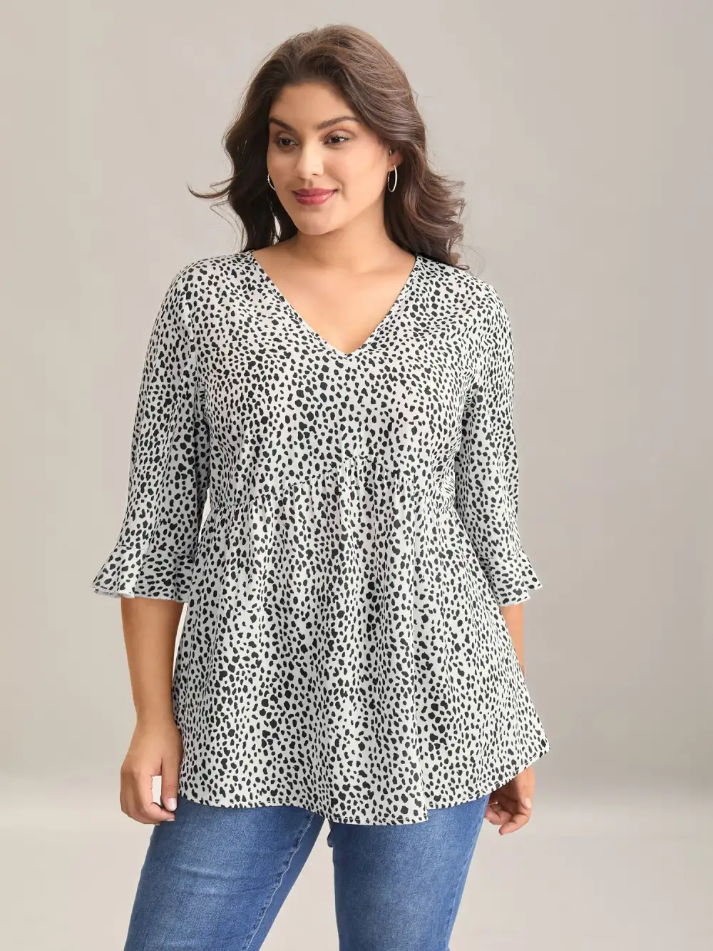 Leopard Print Ruffled Detail V-Neck Blouse