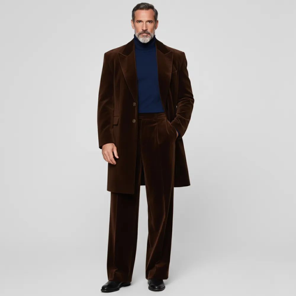 Men's Business Coffee Velvet Peaked Lapel Two Button Long Sleeve Overcoat