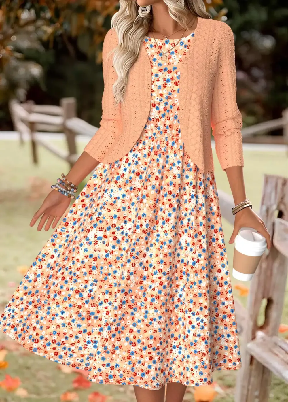 Orange Ditsy Floral Print Long Sleeve Dress and Cardigan