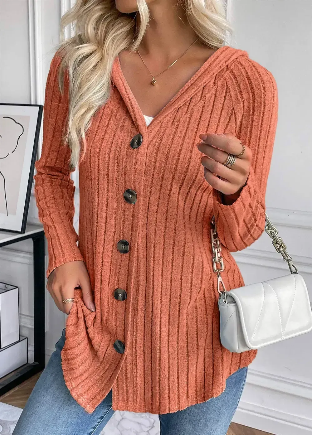 Orange Button Long Sleeve Hooded Coat
