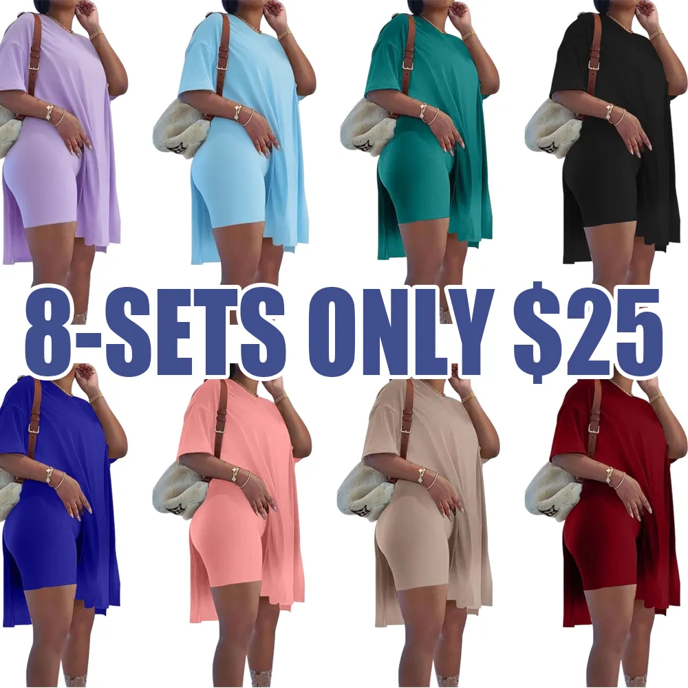 Women Plus Size 2 - Piece Outfits: Crewneck Short Sleeve Tunic & Skinny Biker Shorts Sets