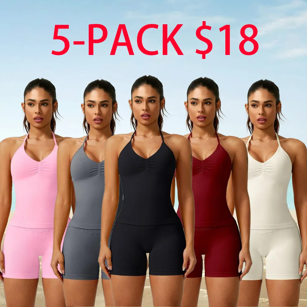 Women's Solid Ruched Design Backless Halter Top & High Waist Shorts Tracksuit Set