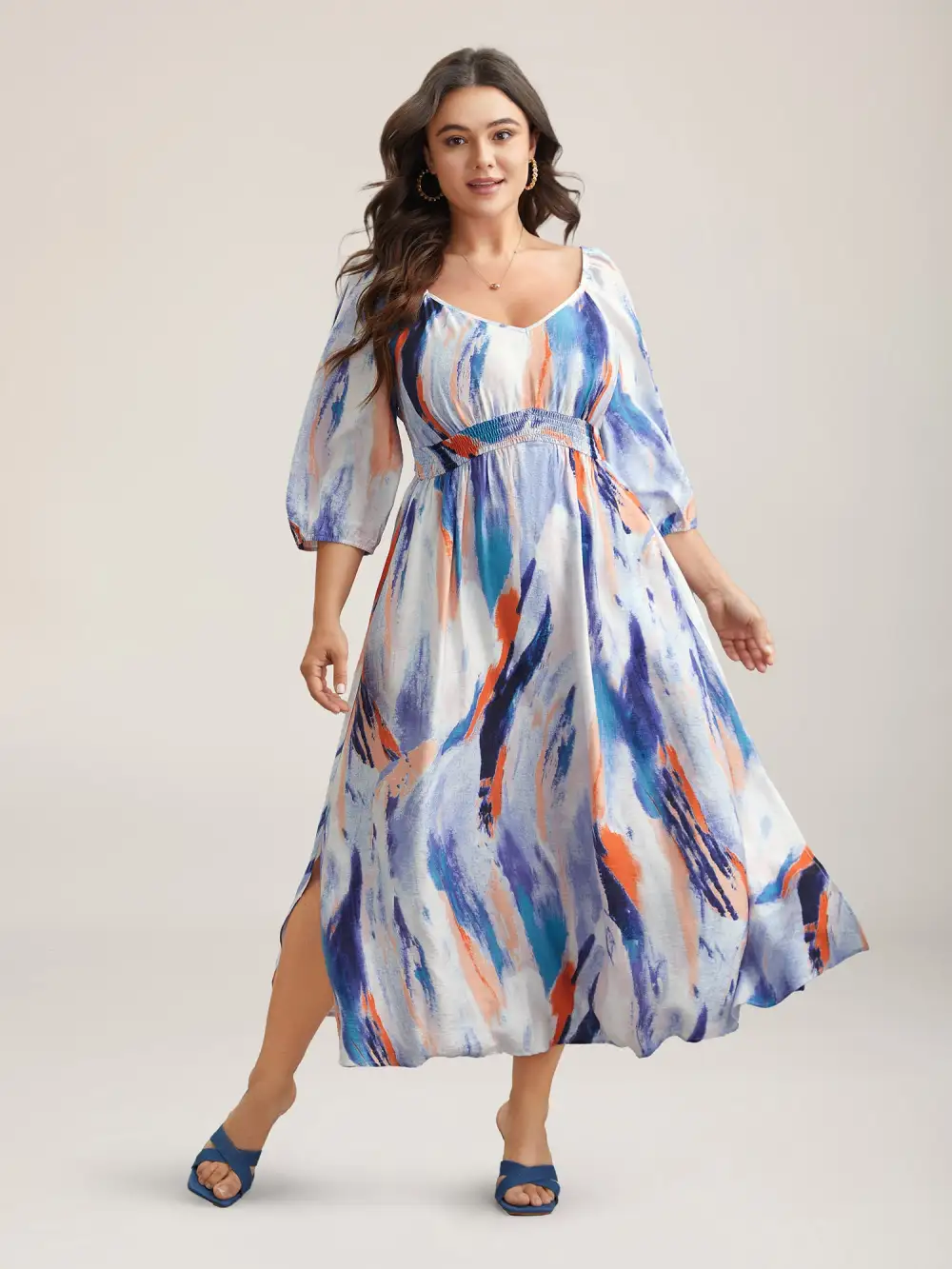 Abstract Print Waist-Cinched Split Hem Maxi Dress