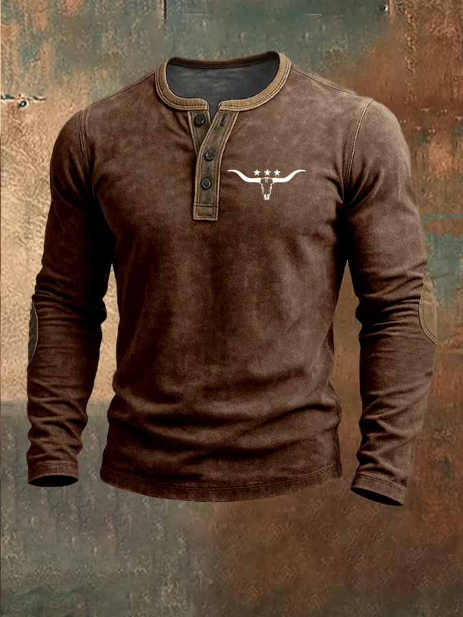 Men's Vintage Western Cow Print Henley Neck Top