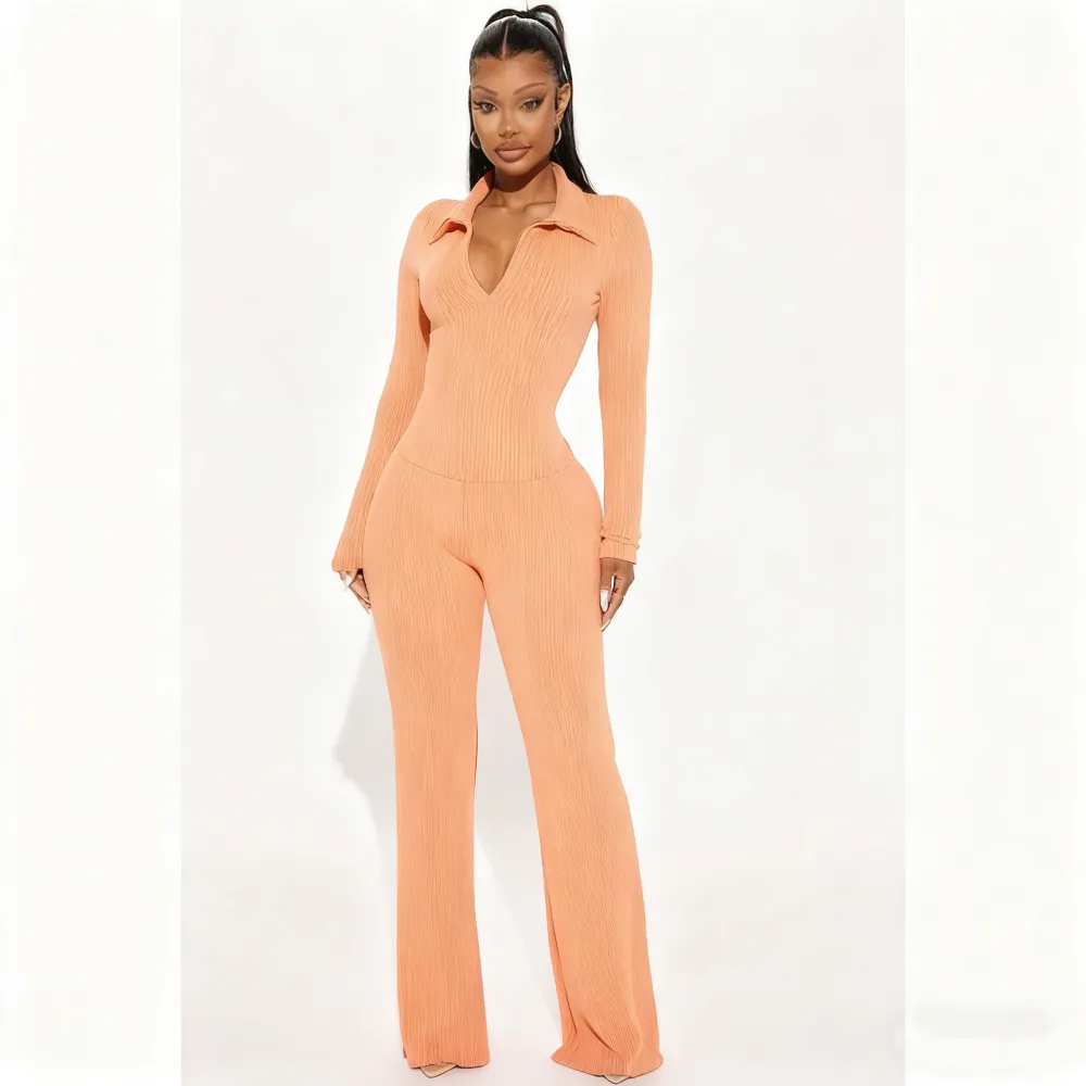 Ribbed Knit Collared Deep V Slim-Fit Set - Fashion Two-Piece with Flared Pants
