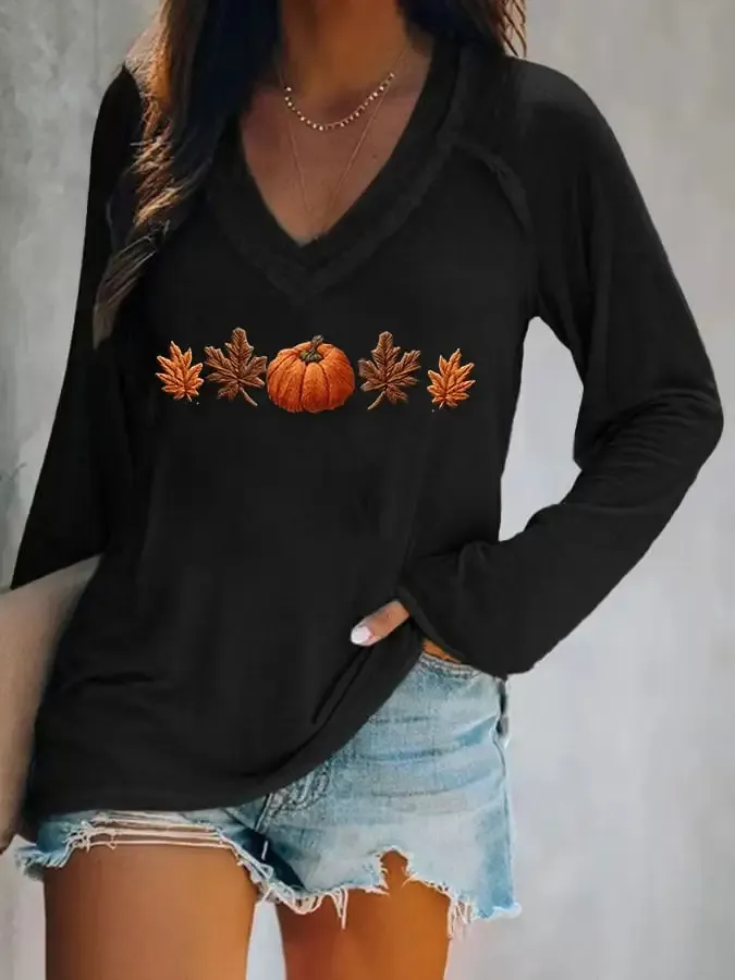 Women's Autumn Maple Leaf Pumpkin Print Long Sleeve T-Shirt