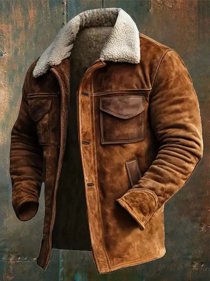 Men's Vintage Suede Patchwork Plush Multi-Pocket Reverse Collar Outdoor Jacket