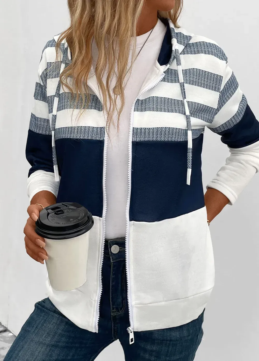 Navy Pocket Striped Long Sleeve Hooded Coat