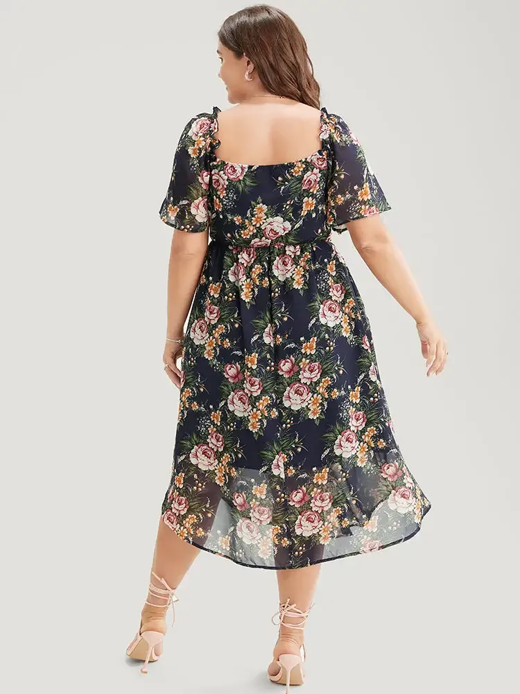 Floral Print Ruched Pocket Frill Trim Ruffle Arc Hem Dress