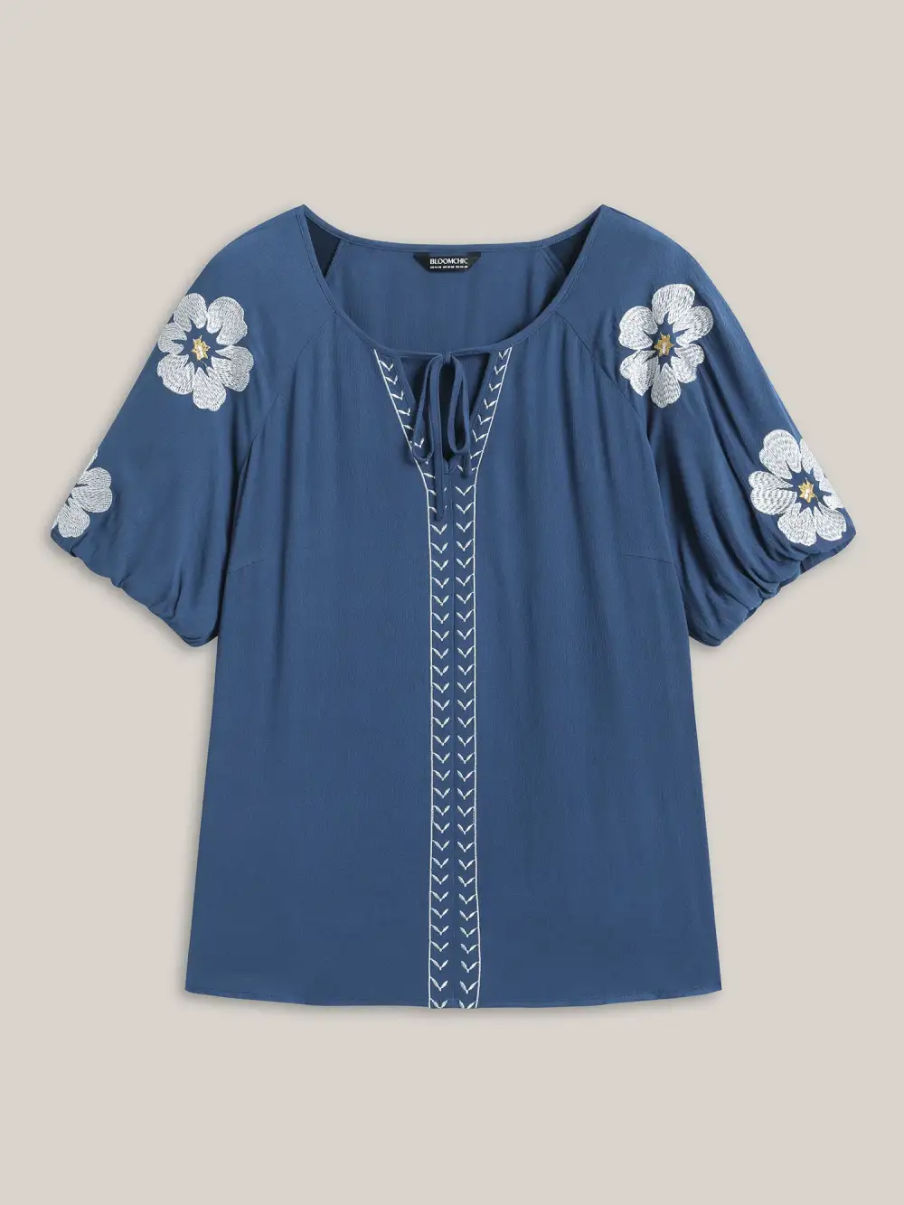 Floral Embroidery Textured Neck Tie Blouse