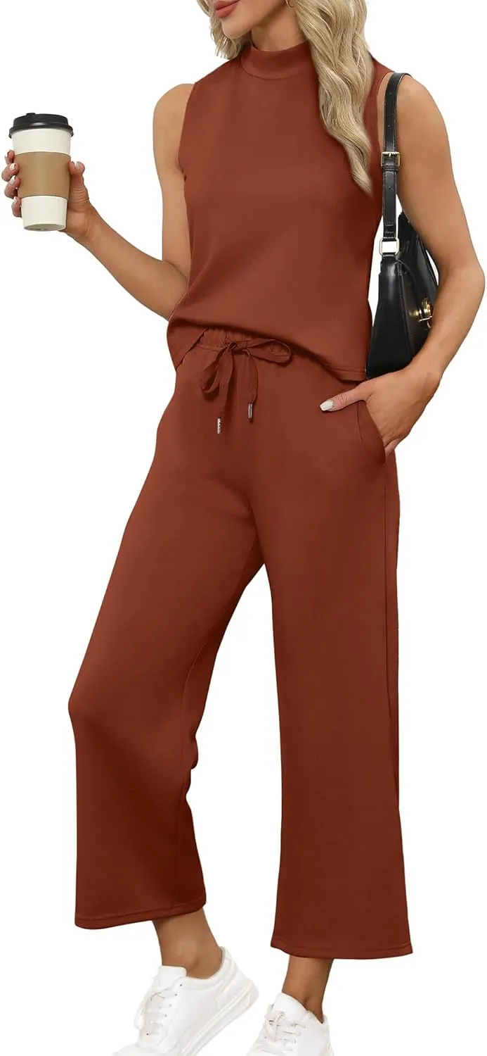 Two Piece Sets for Women Summer Outfits Lounge Sets Mock Neck Tops Wide Leg Crop Pants Vacation Travel Outfits