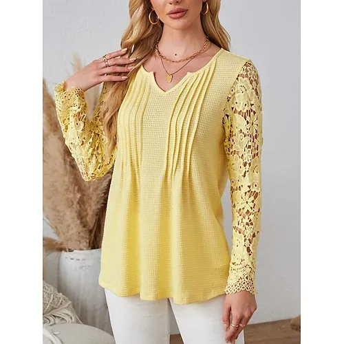 Women's Blouse Textured Ribbed Solid Color Eyelet Daily Elegant Stylish Puff Sleeve Long Sleeve