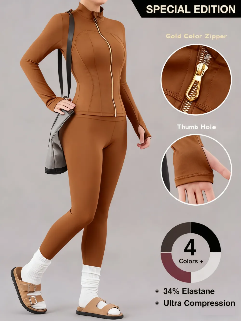 Women's Solid Zip Up Jacket & High Waist Leggings Tracksuit Set