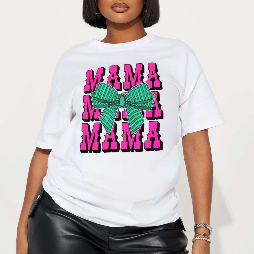 “MAMA” , The Slogan Is Repeated In Pink Capital Letters And A Green Striped Bow Pattern, Casual T-Shirt.