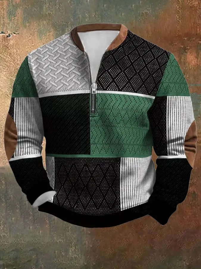 Men's Retro Western Textured Print Zip Collar Sweatshirt