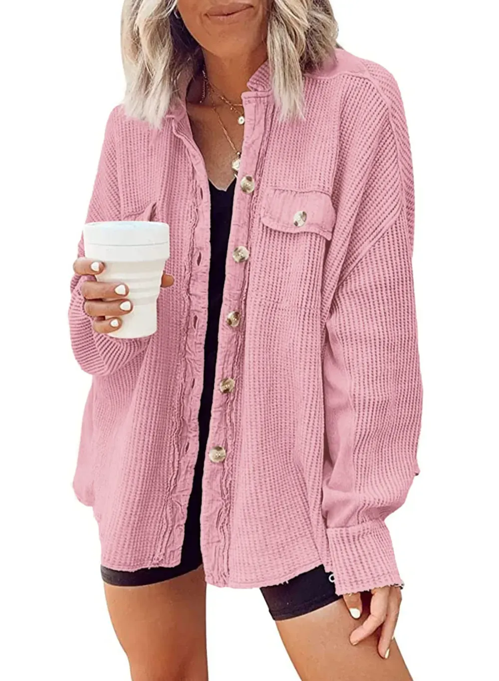 ✨Women's Loose Fit Batwing Sleeve Waffle Knit Button Down Shirt Shacket Tops