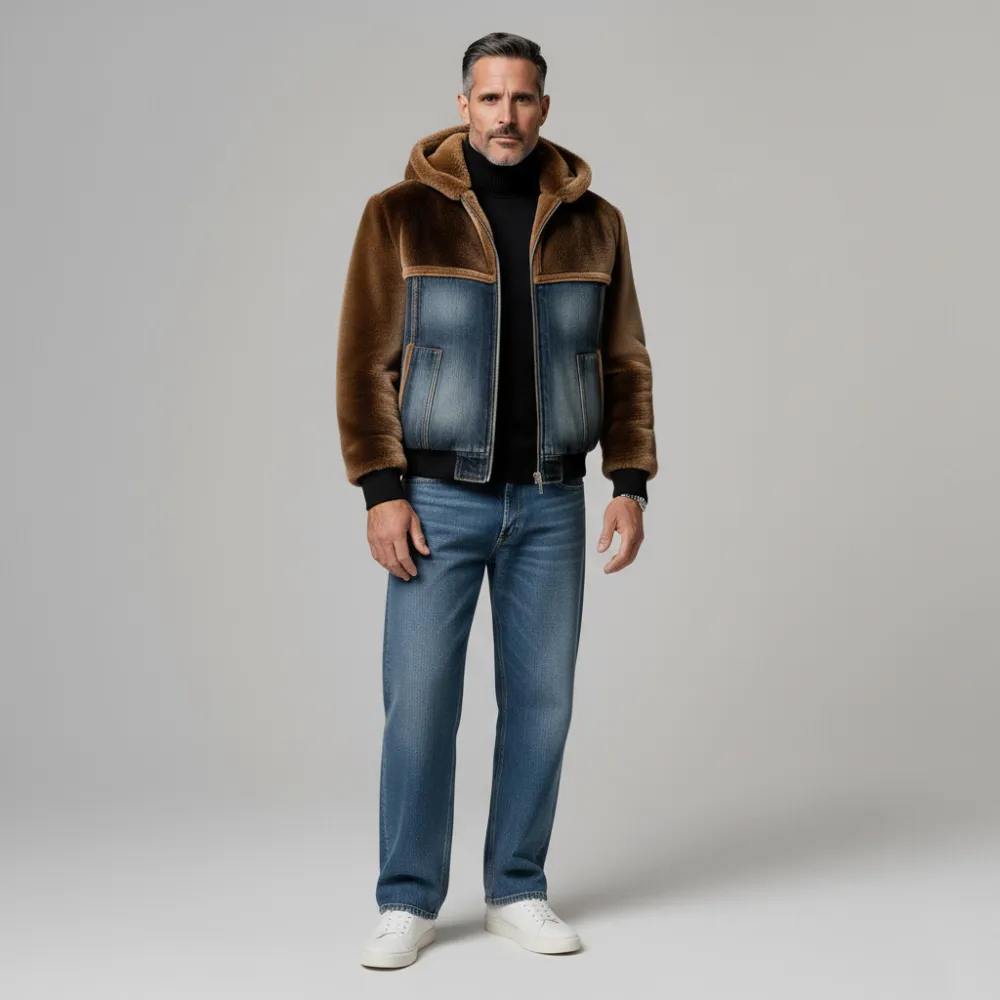 Men's Brown And Blue Denim Patchwork Artificial Shearling Long Sleeve Hooded Zip-Up Jacket