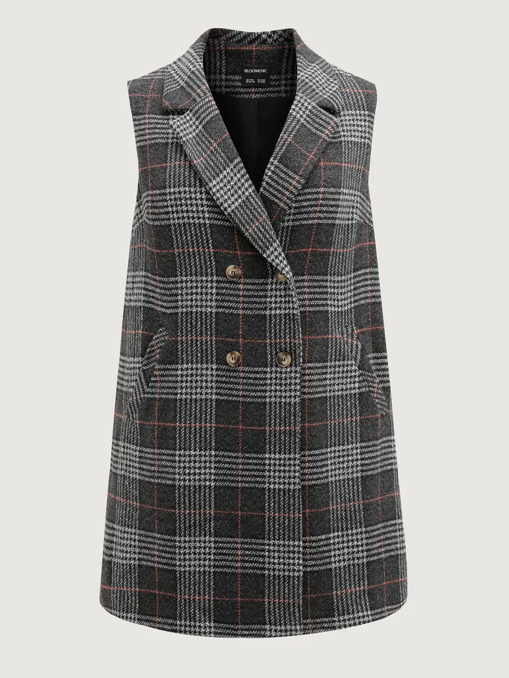 Textured Plaid Pattern Pockets Long Vest