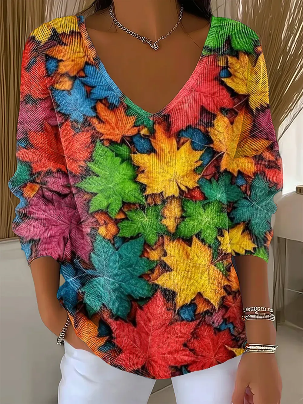 Women's Retro Autumn Maple Leaf Print Drop Shoulder Sweater
