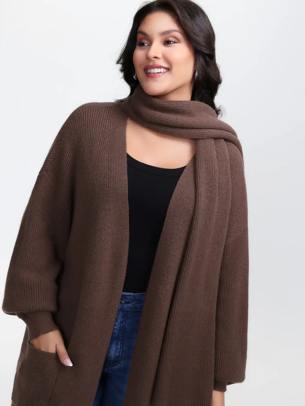 Textured Scarf Pockets Knit Cardigan