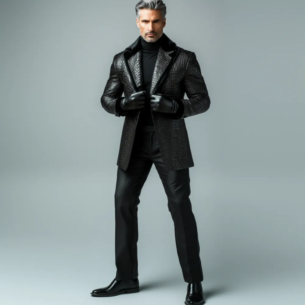 Men's PU Leather Crocodile Pattern Plush Trim Peaked Lapel Blazer