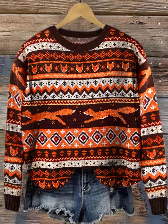 Simple Knitted Maple Leaf And Fox Sweater