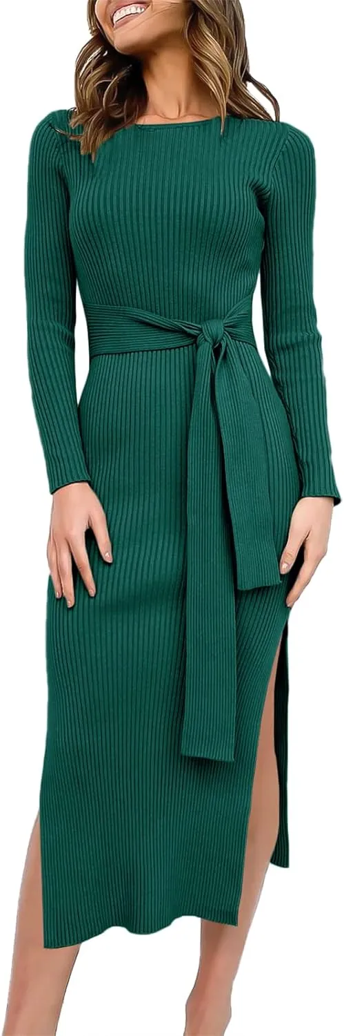 Long Sleeve Sweater Dress Crew Neck Slim Fit Slit Tie Waist 2024 Ribbed Knit Bodycon Midi Dress Fall Outfits