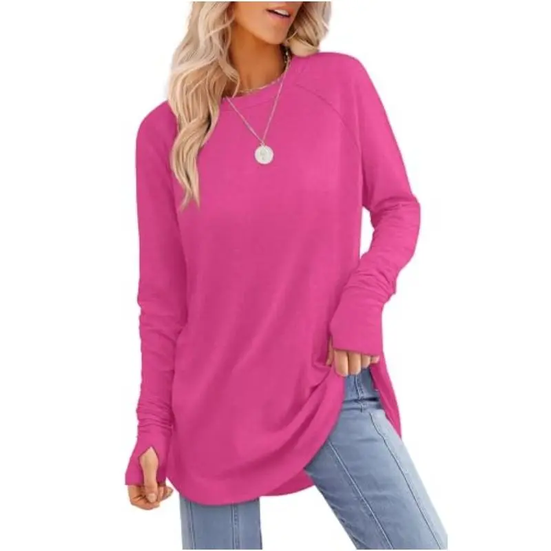 Womens Tunic Tops to Wear with Leggings Long Sleeve Thumb Hole Shirts Crew Neck Curved Hem