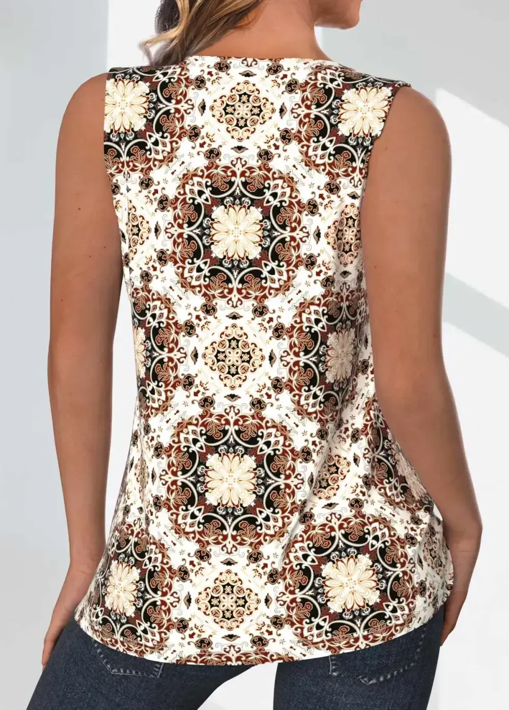 Light Coffee Patchwork Tribal Print Sleeveless Tank Top
