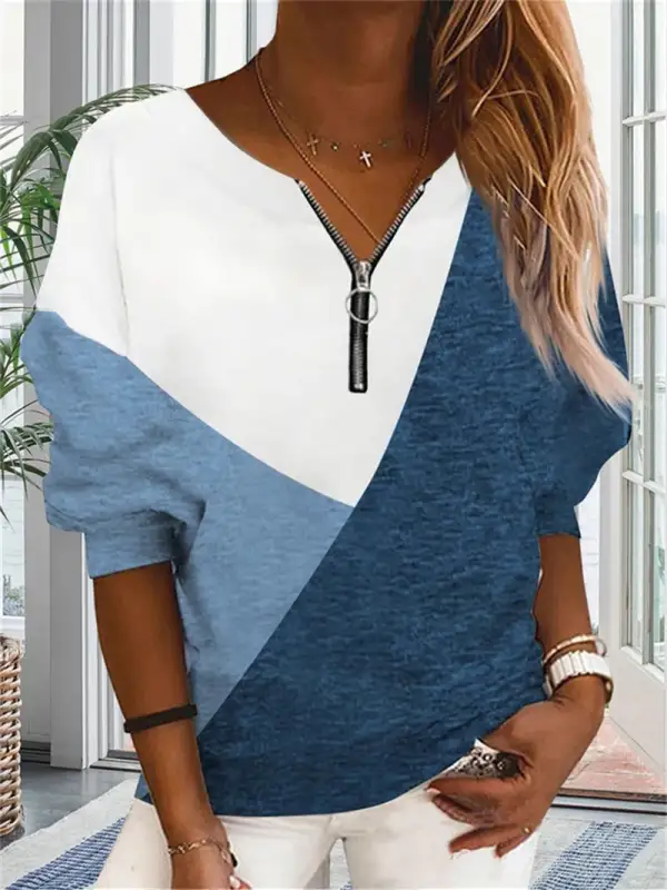 Women Long Sleeve V-neck Stitching Women Tops