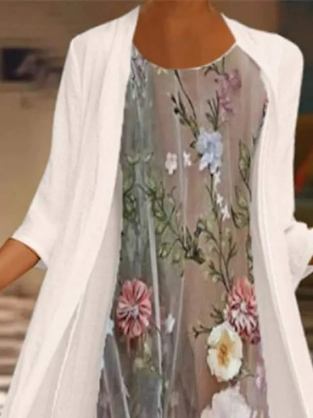 Women's Dress Set Two Piece Dress Chiffon Dress Midi Dress Beige 3/4 Length Sleeve Floral Chiffon Fall Winter Autumn Crew Neck Stylish Loose Fit 2023 M L XL XXL 3XL 4XL 5XL