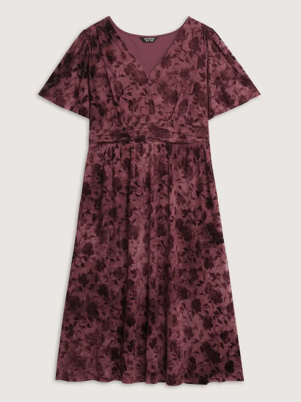 Velvet Jacquard Pleated Waist Sheer Midi Dress