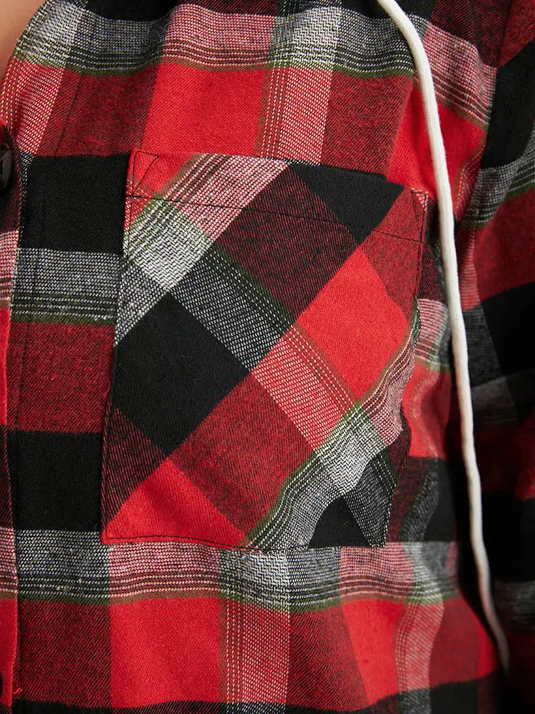 Plaid Patchwork Hooded Drawstring Button Through Jacket