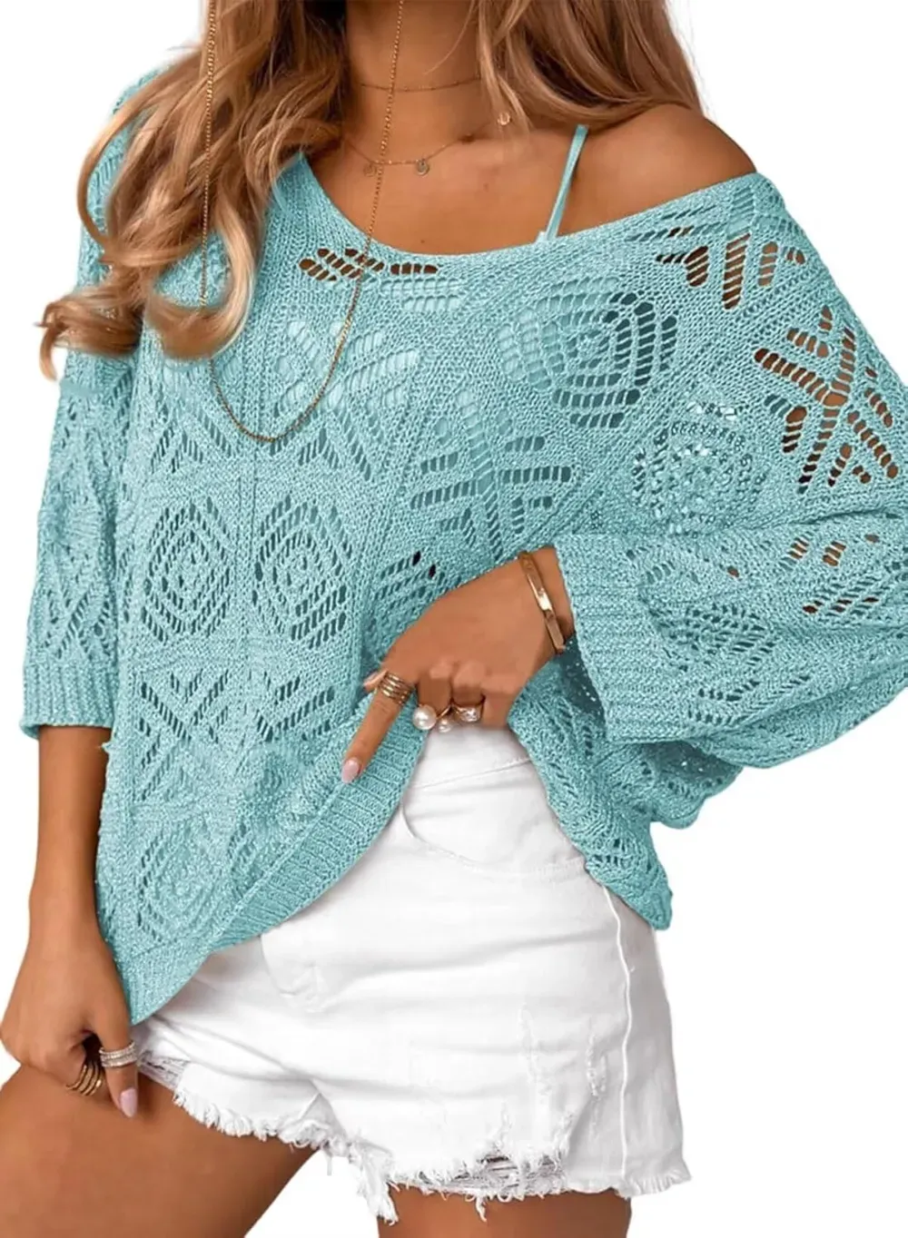 ✨Women's 2025 Spring Summer Crochet Hollow Out Pullover Off Shoulder Top