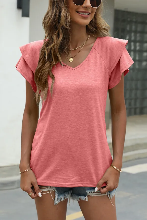 Solid Ruffled Sleeve V-Neck T-Shirt