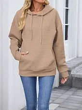 Women's Texture Blouse Pullover Hoodie Sweatshirt Plain Streetwear Casual Long Sleeve Hooded Regular Tops Street Holiday Going out Pocket Black Pink Brown Khaki Gray Fall