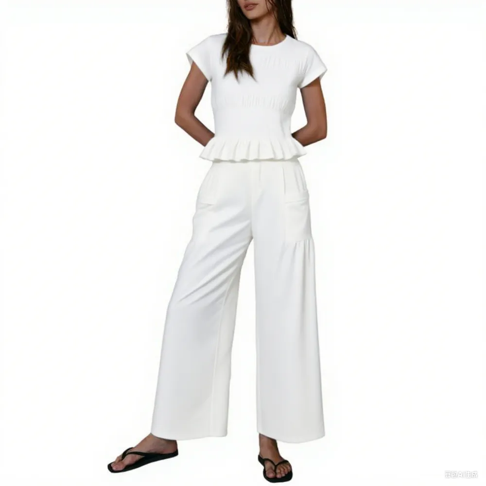 Women’s Smocked Top & Wide-Leg Pants Set – High-Waisted Lounge Outfit with Pockets