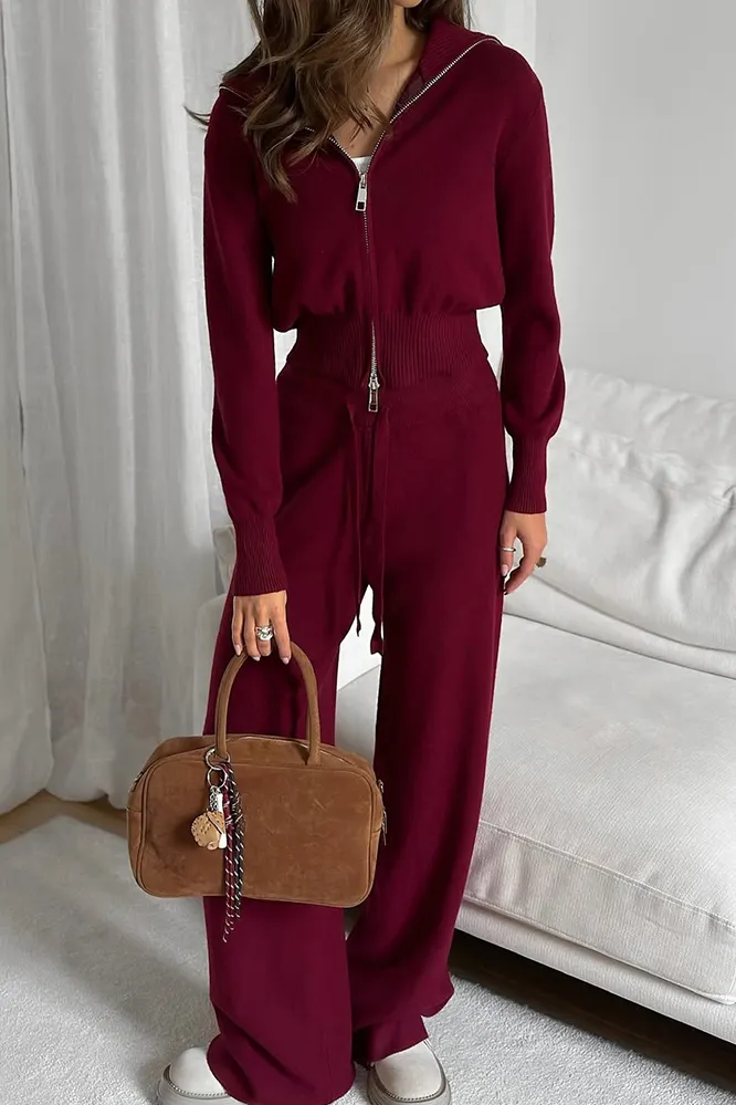 Women's Solid Color Knitted Zipper Top & Pants Two Piece Set