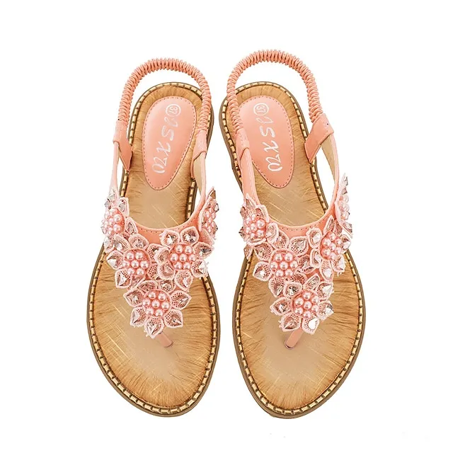Women's Sandals Flat Sandals Party Beach Summer Rhinestone Flat Heel Round Toe Open Toe Elegant Casual PU Leather Elastic Band Solid Colored Almond Black White
