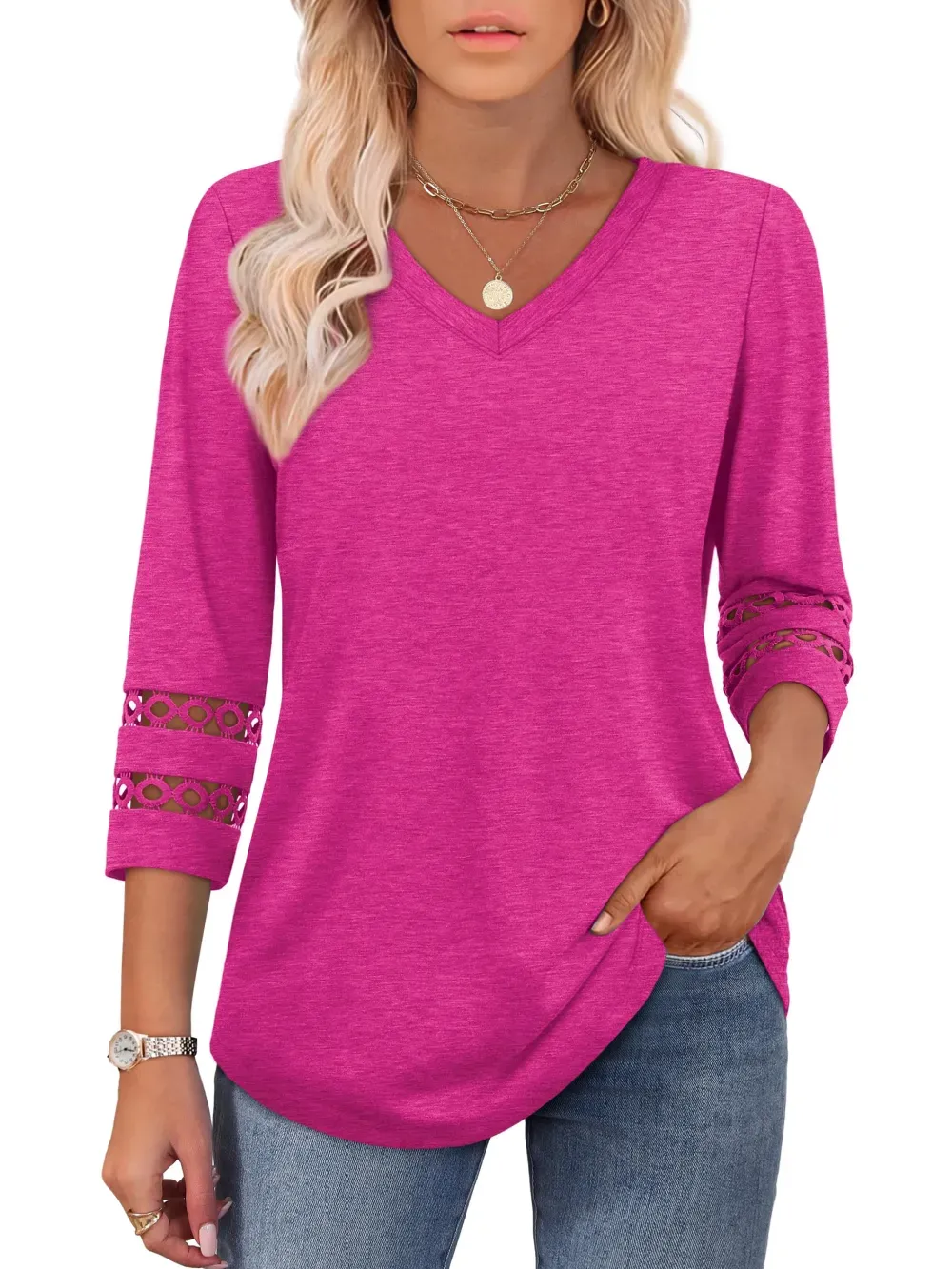 ✨Womens 3/4 Length Sleeve Tops Trendy V Neck T Shirts