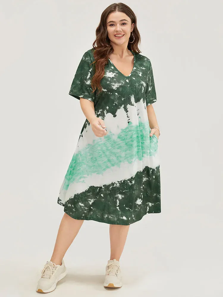 Tie Dye V Neck Pocket Midi Dress