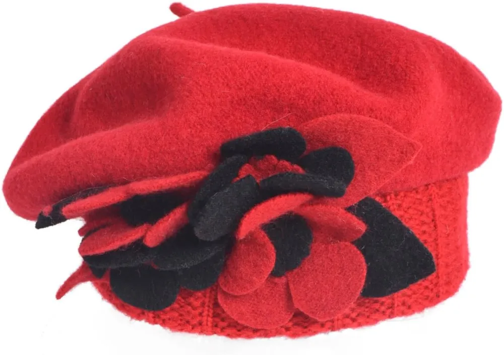 Lady French Beret 100% Wool Beret Floral Dress Beanie Winter Hat