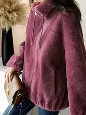 Women's Sherpa Jacket Casual Jacket Comfortable Breathable Zipper Casual Plain Vacation Street Casual Daily Wear Zipper Regular Stand Collar Regular Fit Long Sleeve Outerwear Black Purple Fuchsia