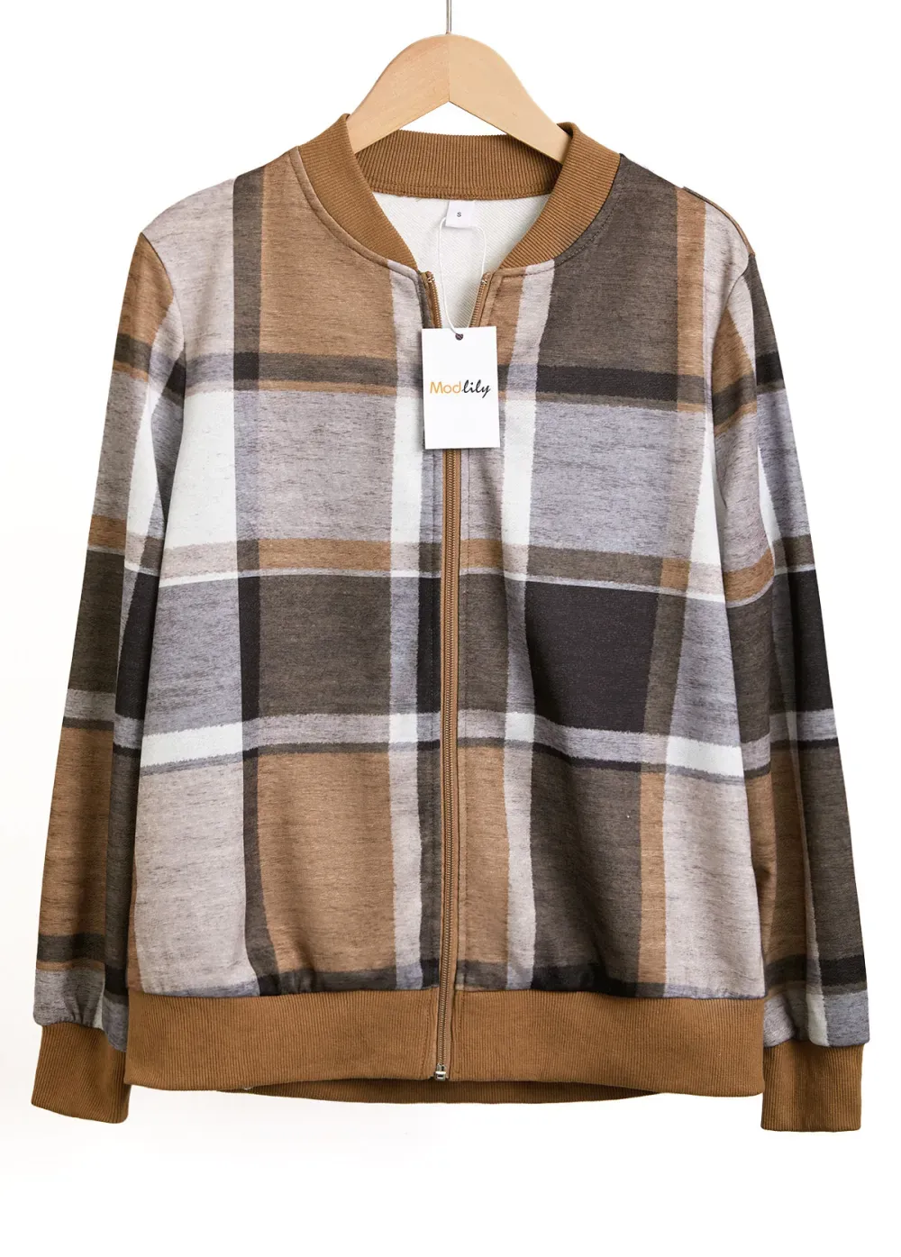 Dark Coffee Zipper Plaid Long Sleeve Stand Collar Jacket