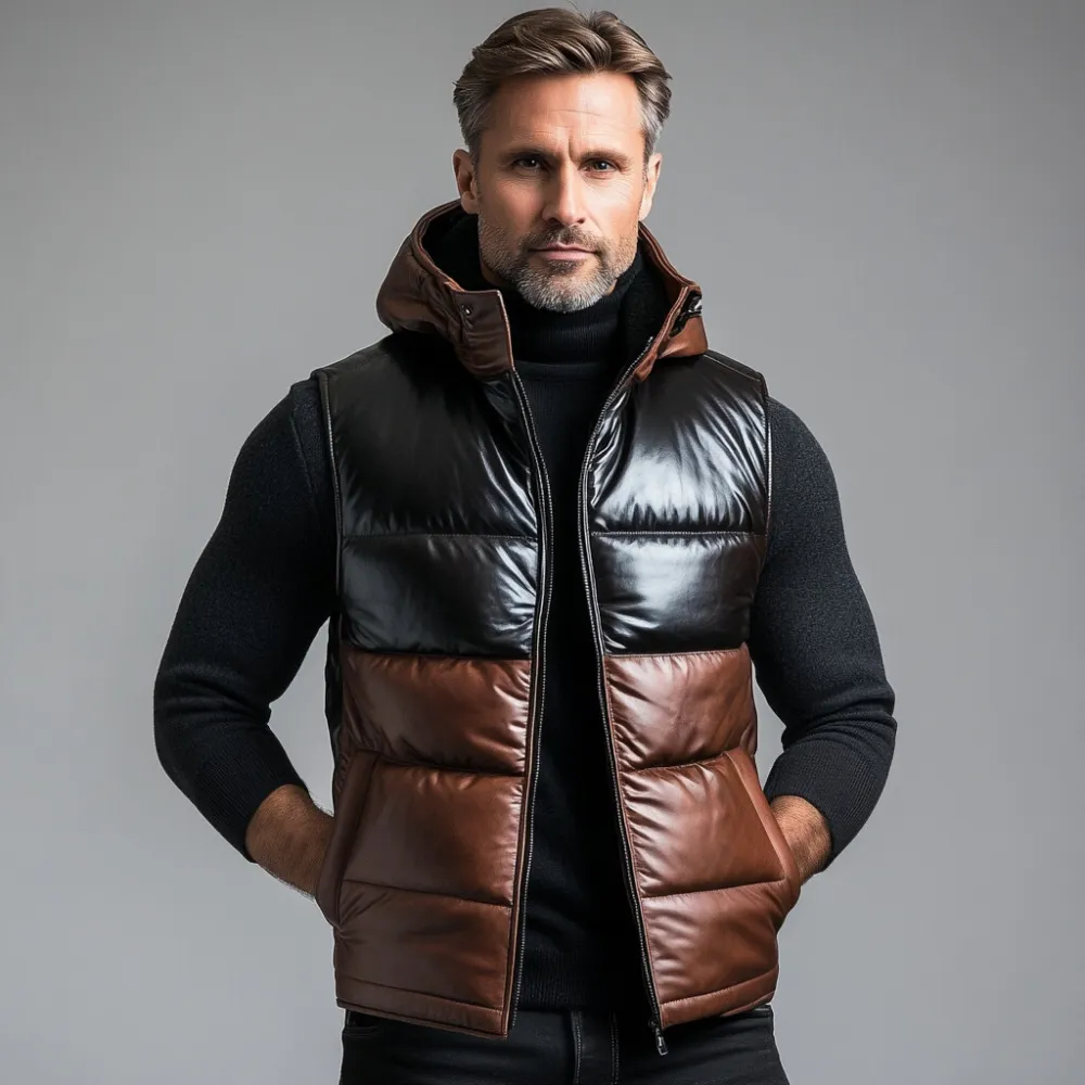 Men's PU Leather Color Block Slant Pocket Hooded Cotton-Padded Vest