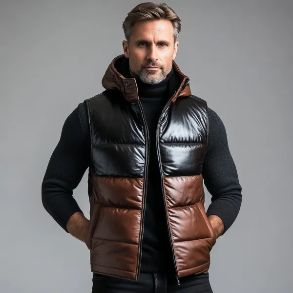Men's PU Leather Color Block Slant Pocket Hooded Cotton-Padded Vest