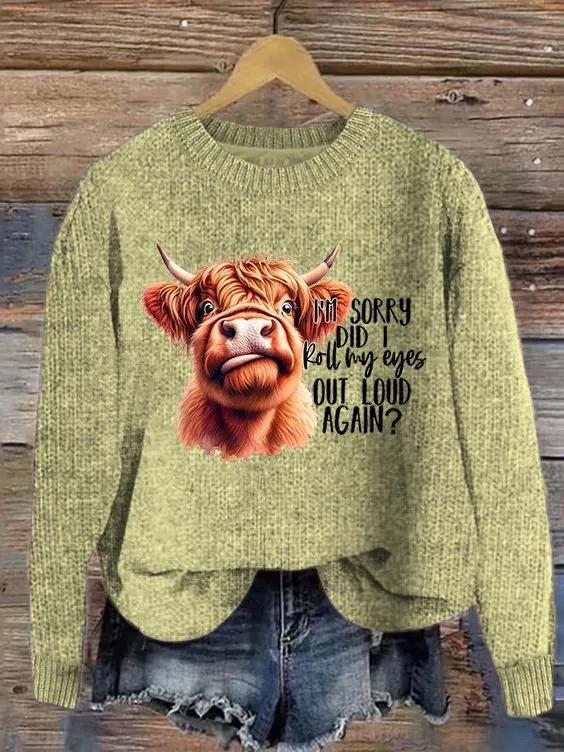 Women's Highland Cow Print Knitted Crew Neck Sweater