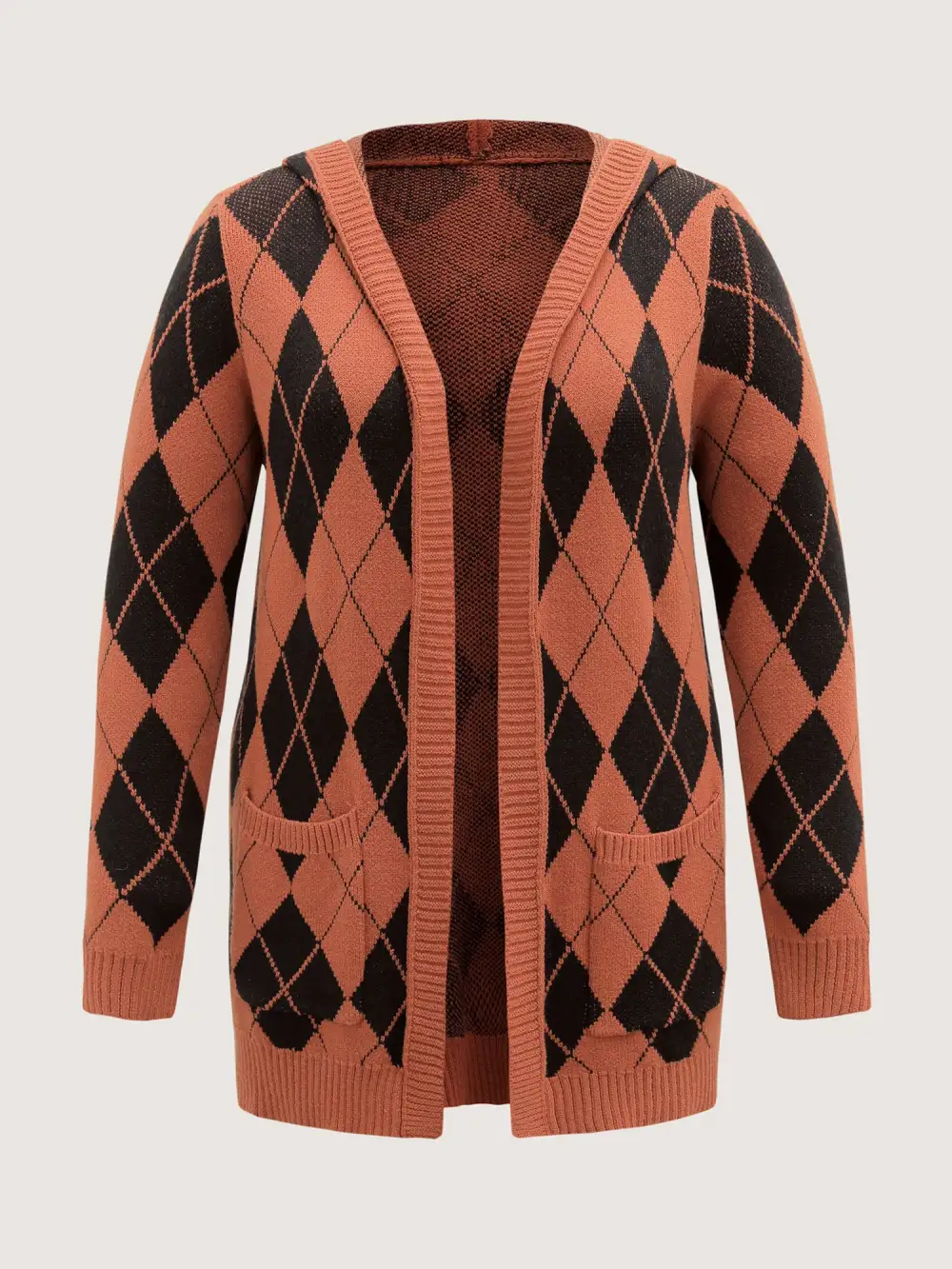 Checkered Jacquard Hooded Pockets Knit Cardigan